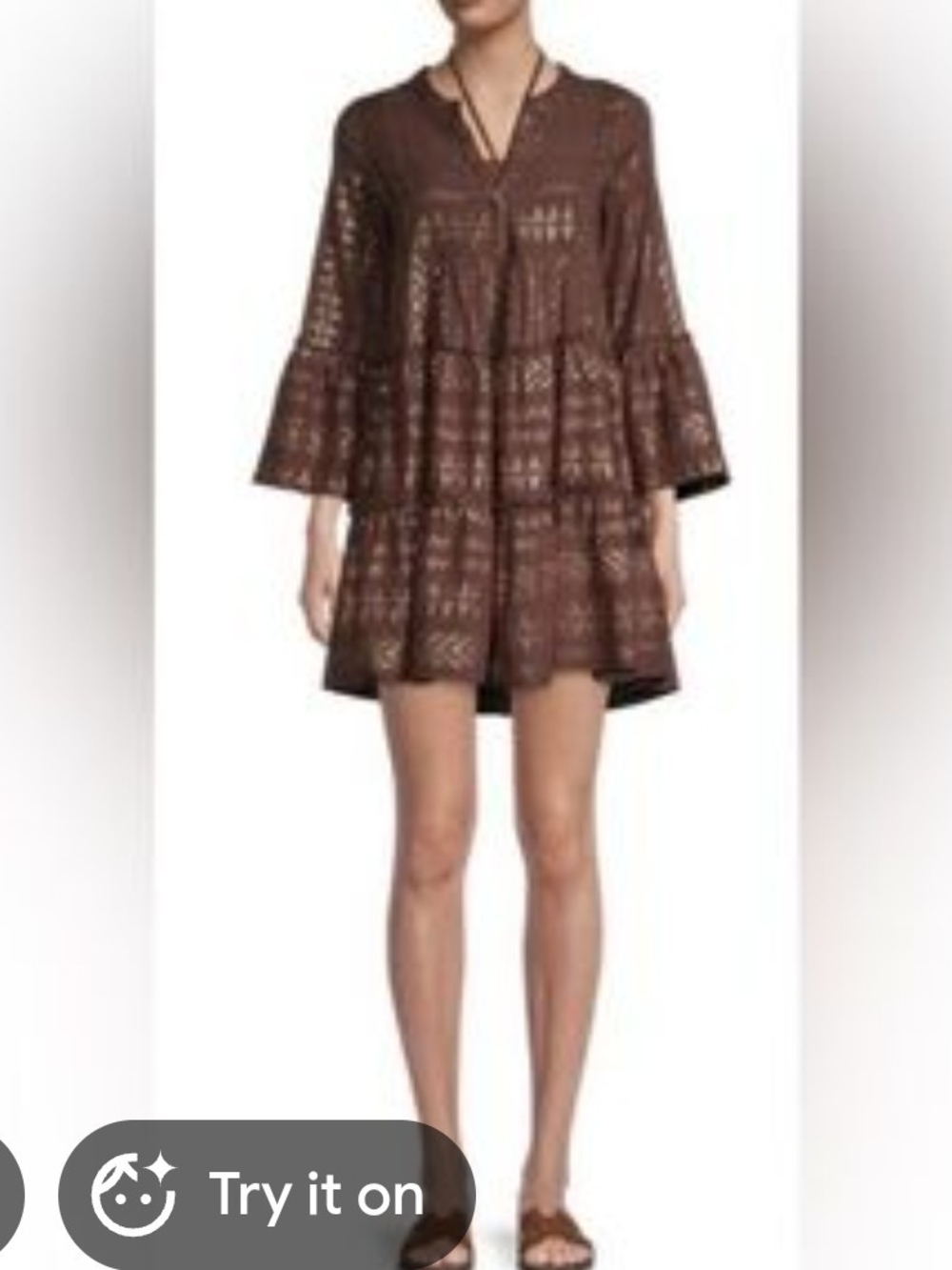 Elan Women's Clara tiered mini dress  Brown Gold Arrow Print Size Large EUC